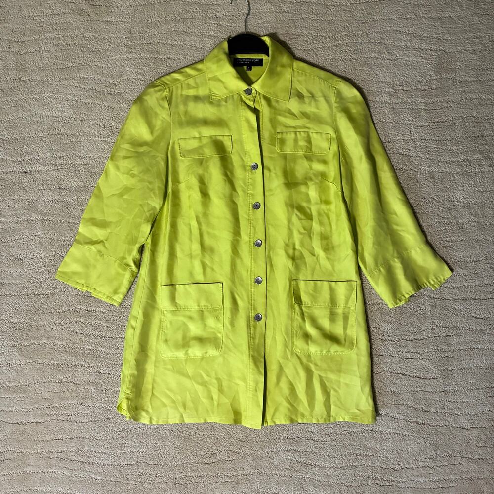 Vintage Y2K Jones New York 4 Chartreuse Green 100% Silk Tunic Flap Pocket Blouse